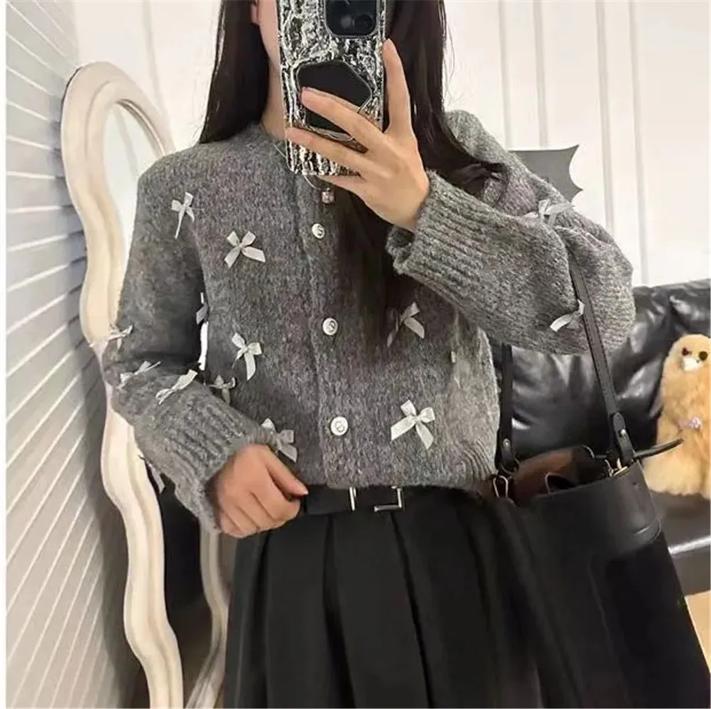 Autumn Winter Korean Version Bow Knit Cardigan For Women\'S Harajuku Hip-Hop Oversized Pullove O-Neck Long Sleeved Sweater Casual