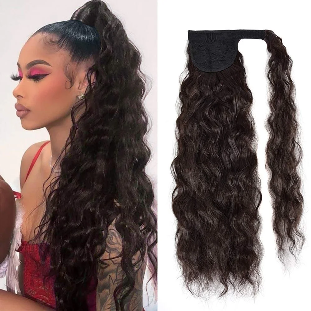 22Inch Synthetic Long Corn Wavy Ponytail Hairpiece Wrap On Hair Clip Ombre Brown Blonde Hair Extensions Pony Tail Hairstyle