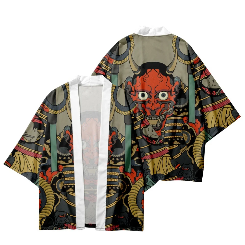 Harajuku Streetwear Demon Print Shirts 2023 Kimono Traditional Cardigan Men Japanese Ukiyos Style Haori Women