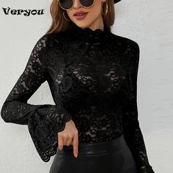 Elegant Lady Shirt Black O Neck Flare Long Sleeve Lace T-Shirts Women Hollow Out Solid Tops Tee
