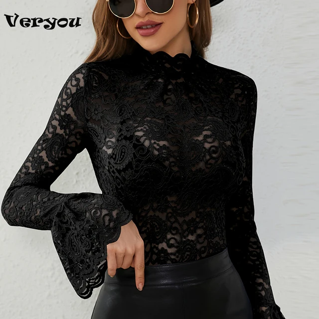Elegancka koszula damska czarna O Neck Flare z długim rękawem koronkowe t-shirty damskie drążą solidne topy Tee