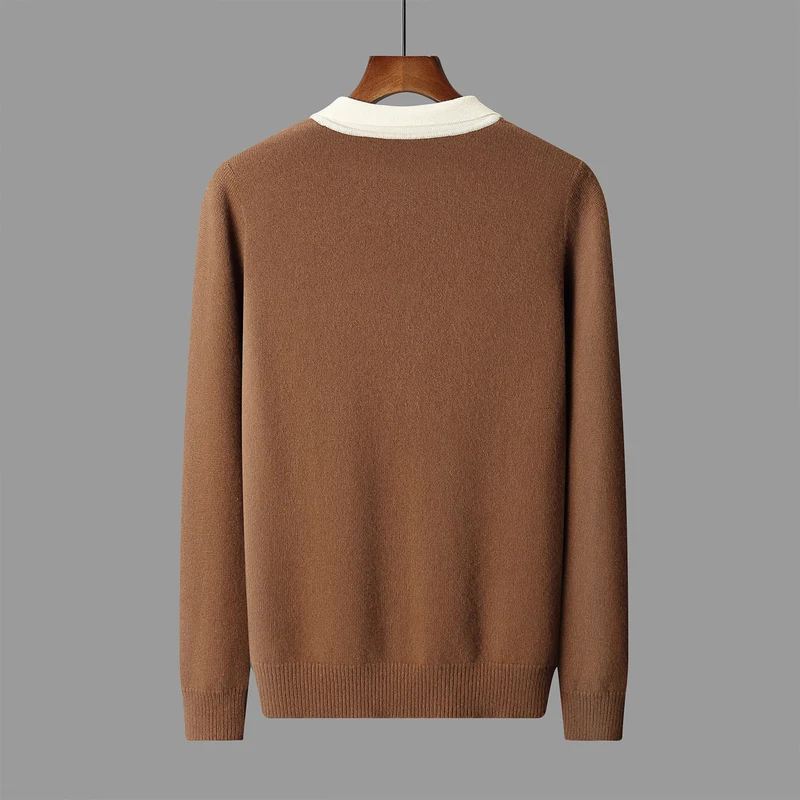 100% Pure Wool Jacket Men's POLO Collar Pullover 2026 Spring/Autumn New Knit Jumper Top Casual Loose Men's Color-blocked Shirts