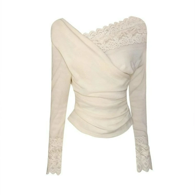 

V-neck Shirt for Women 2026 Autumn High-end Feeling Base Shirt Inner Top Korean Retro Apricot Lace Patchwork Diagonal Shoulder
