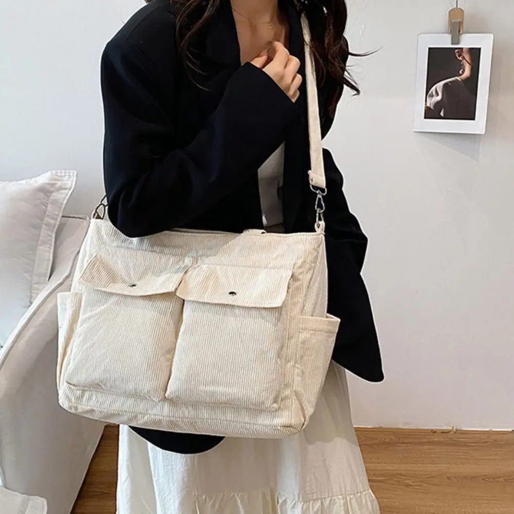 

Trendy Large Capacity Corduroy Tote Bag Vintage Pure Color Multi-pocket Shoulder Bag Elegant Handbag Casual Underarm Bag Girls