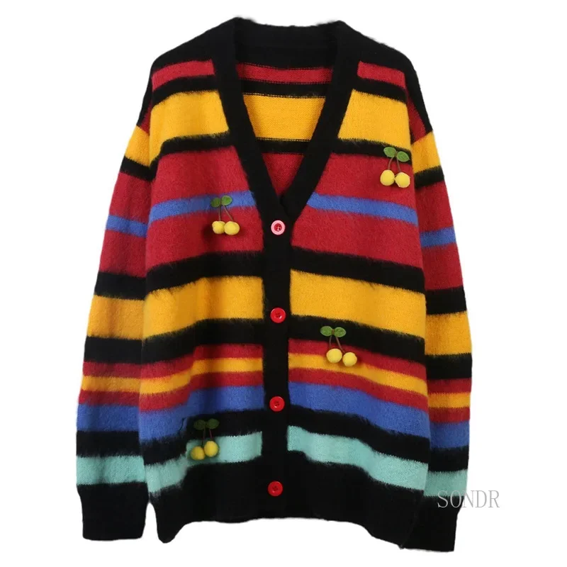 

Vintage Striped Mohair Knitted Cardigan Women V-Neck Cherry Appliques Single Breasted Oversized Cardigan Autumn Winter Tops Warm