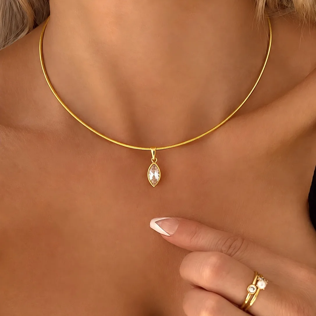 PuRui Simple 18K Gold Plated Stainless Steel Chokers Necklace for Women Retro Waterdrop Zircon Pendant Open Torques Necklace