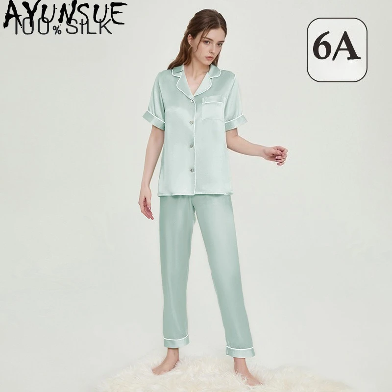 AYUNSUE Natural Mulberry Silk Sleepwear Women 19MM 100% Real Silk Home Clothes Spring Summer Pajama Set Womens Top Casual Pants