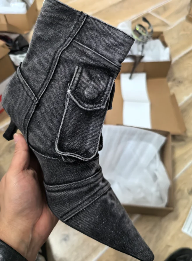 Women Shoes Washed Denim Pocket Boots Fashionable Pointed Thin Low Heel Rear Zipper Short Boots Botas De Invierno Para Mujer