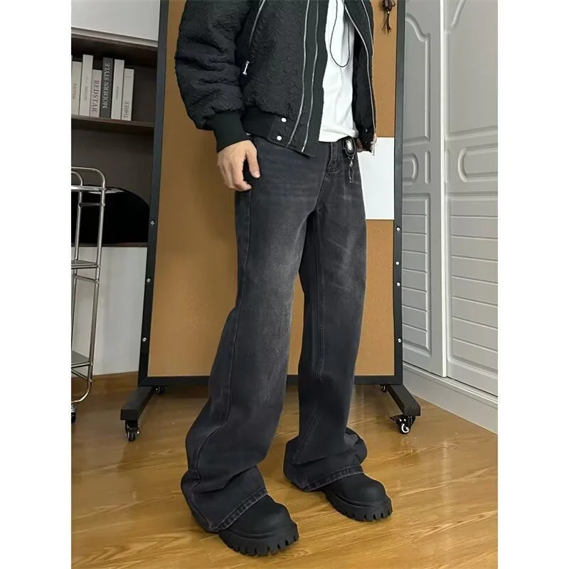 

Spring Autumn Trendy Grey Black Coated Glossy Flared Jeans Streetwear Men's Loose Straight Leg Jeans Youthful Elastic Denim
