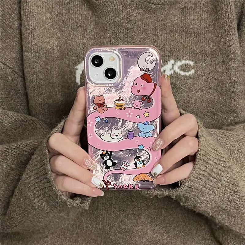 Cartoon Lovable Pink Snake Phone Case For iPhone 16 15 14 13 12 11 Pro Max XS XR Max 7 8 Plus Mini Y2K Tidal Current Phone Cover