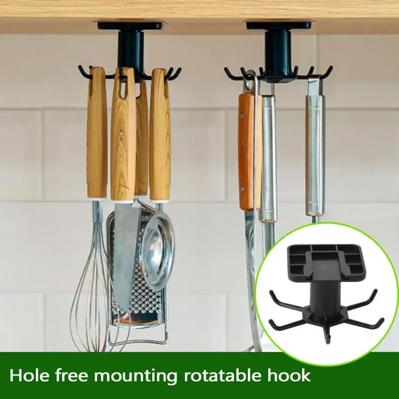 Rotating Multi-Purpose Hooks Folding Wall-Mounted Holder Rack Kitchen Hook Self-Adhesive Hook Utensil Rack with 6 Hooks