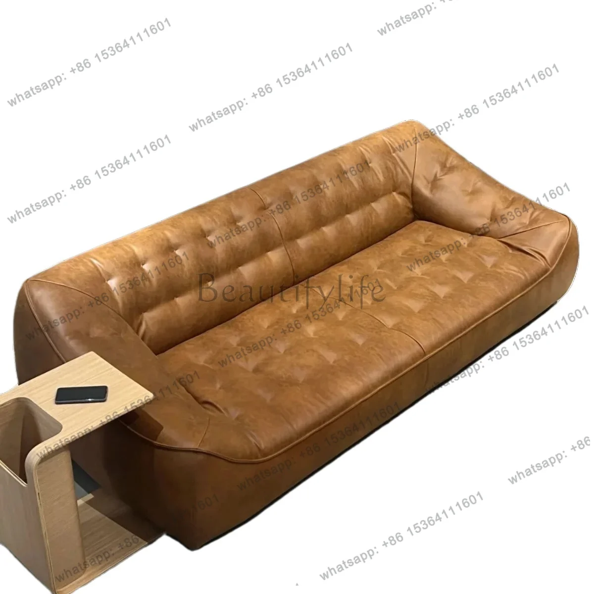 

Medieval bean bag sofa American retro oil wax leather living room straight row three-person sofa