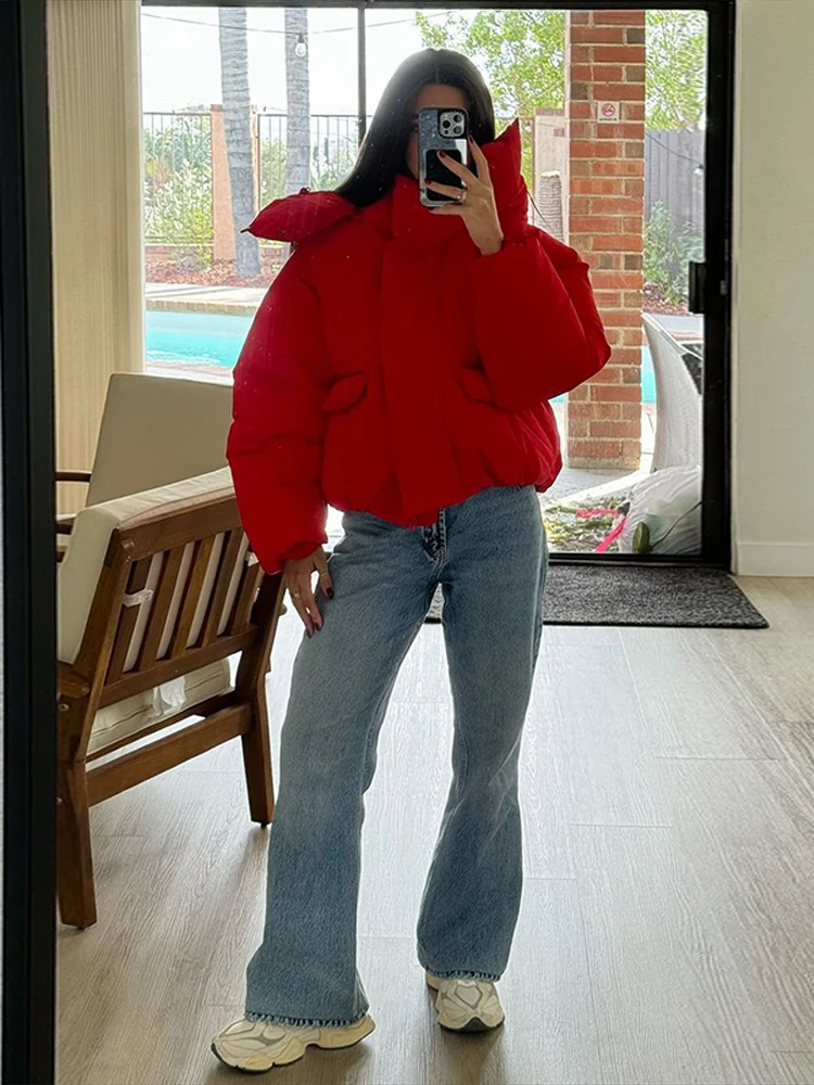 Women High Street Cotton Quilted Coats Warm Stand Zipper Loose Oversize Long Sleeve Short Jackets Autumn Winter Fashion Outwear