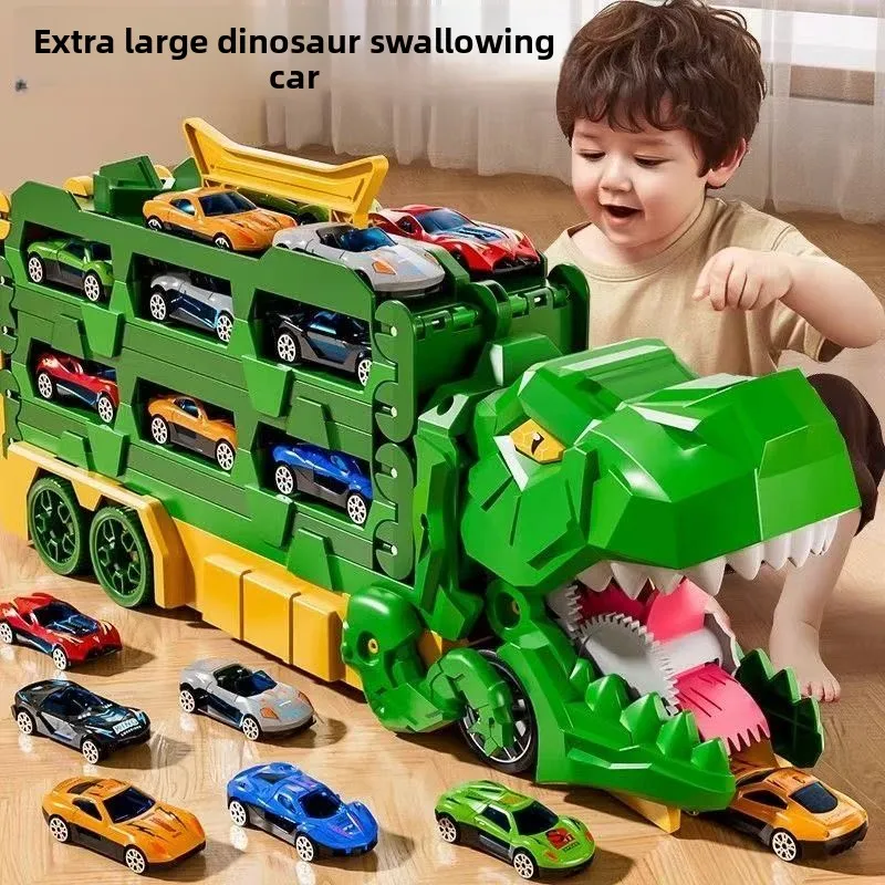 Nuevo camión de transporte de dinosaurios con 12 coches de carreras moldeados, coche de dinosaurio transformador en regalos de tiranosaurio de pie para niños