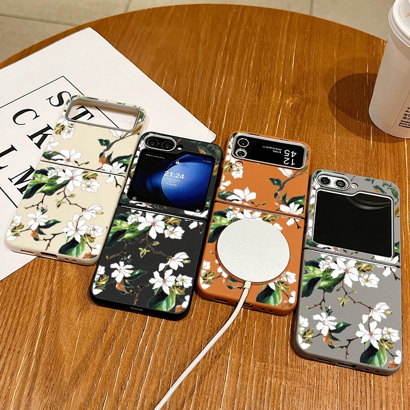 White Flowers Branches Case For Samsung Galaxy Z Flip6 Flip5 Flip4 Magnetic For Magsafe Folding Cover For Samsung Z Flip 6 5 4 3