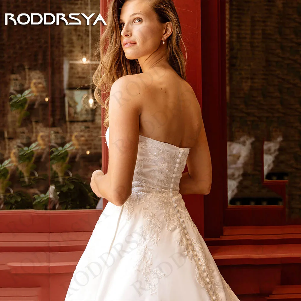 Roddrsya vestido de novia träger loses hochzeits kleid eine linie braut elegante rücken freie applikationen satin spitze brautkleid ärmel los Vestido De Novia 2024 Trägerloses Brautkleid A Line  Braut Elegant Rückenfre