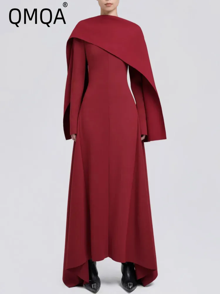 

QMQA Fashion Women's Elegant Dress Scarf Collar Long Sleeve Spliced Irregular Design Backless Evening Dresses Clothing 1A265