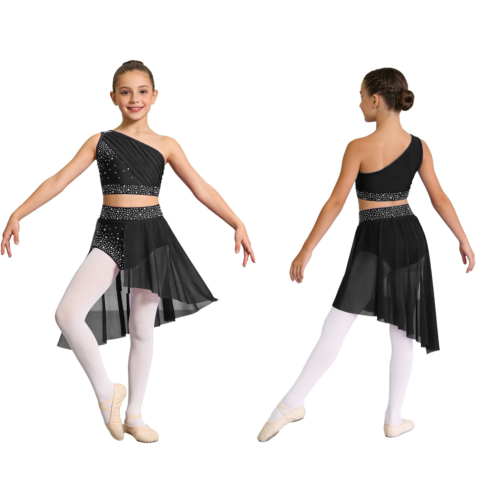Kids Girls Modern Lyrical Dance Stage Performance Costume Jazz Skating Ballet Gymnastics Outfit One Shoulder Crop Top with Skirt
