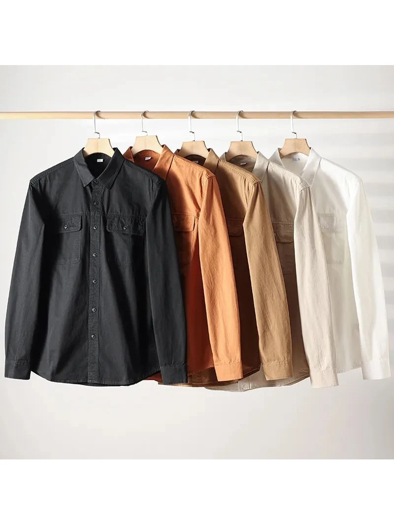 

American Retro Full Cotton Waed Color Loose Casual Workwear Collared Long Sve Men's Spring Autumn Base irt