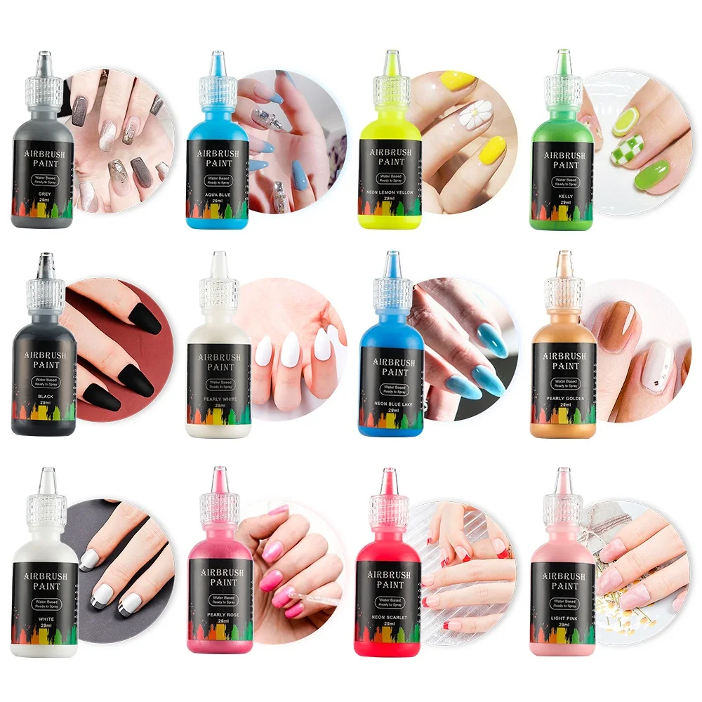 12 Colors 29ML Nail Airbrush Inks for Spray Gun Nail Art Nail Painting Pigment Inks Airbrush Kit Color Nail Tools Manicure Gel