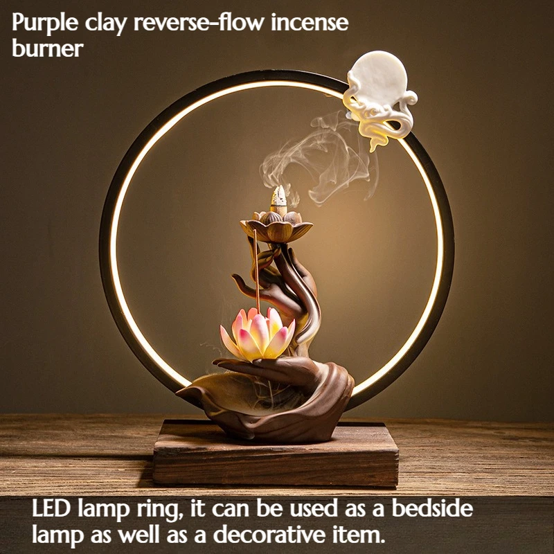 

Purple Clay Reverse-flow Incense Burner Lotus Heart Lamp Ring Decorative Piece Ceramic Home Decoration Creating Atmosphere