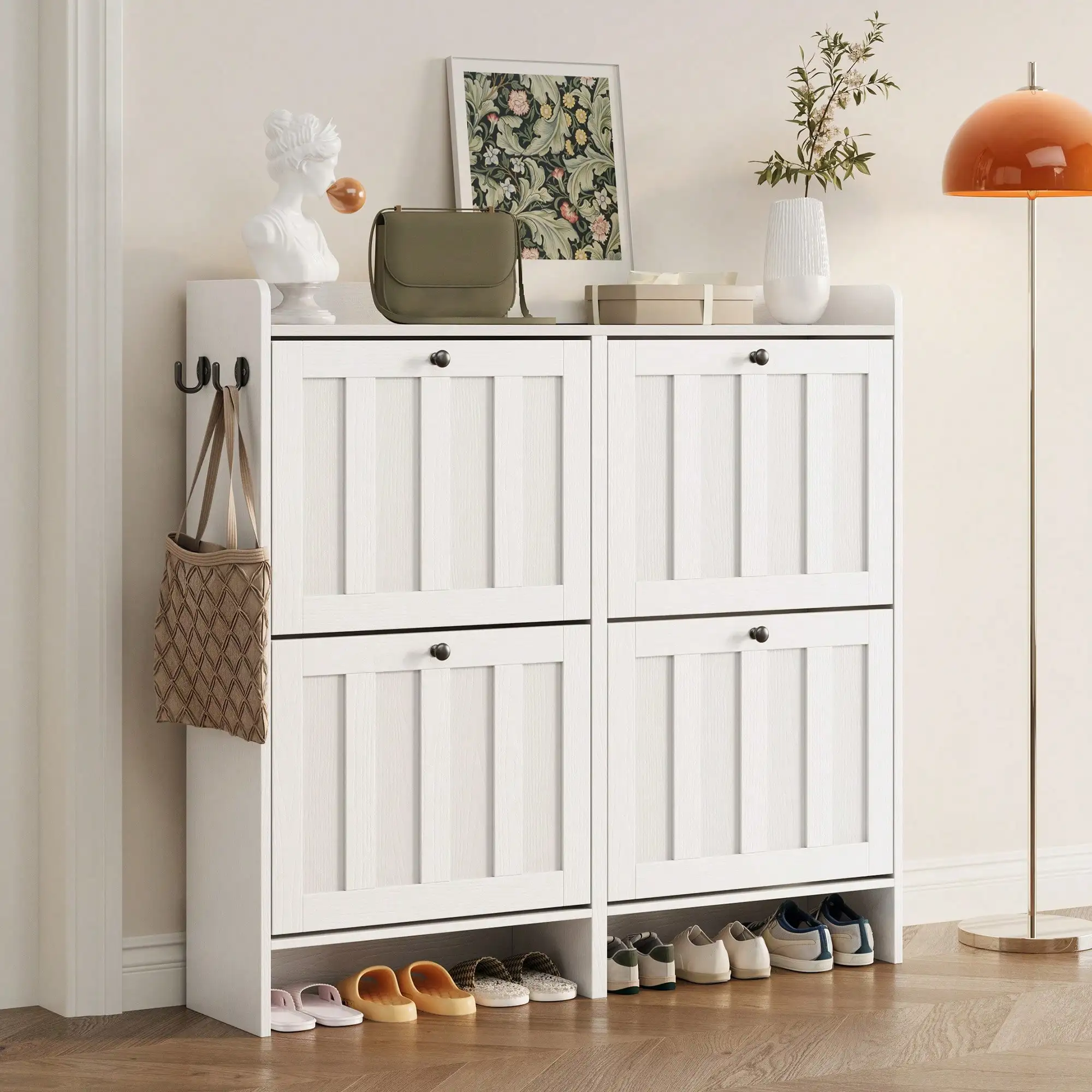 Asofer Shoe Storage Cabinet With 4 Flip Drawers, Narrow Freestanding Storage Organizer, Farmhouse Hidden Shoe Cabinet For Entrance, Hallway,White