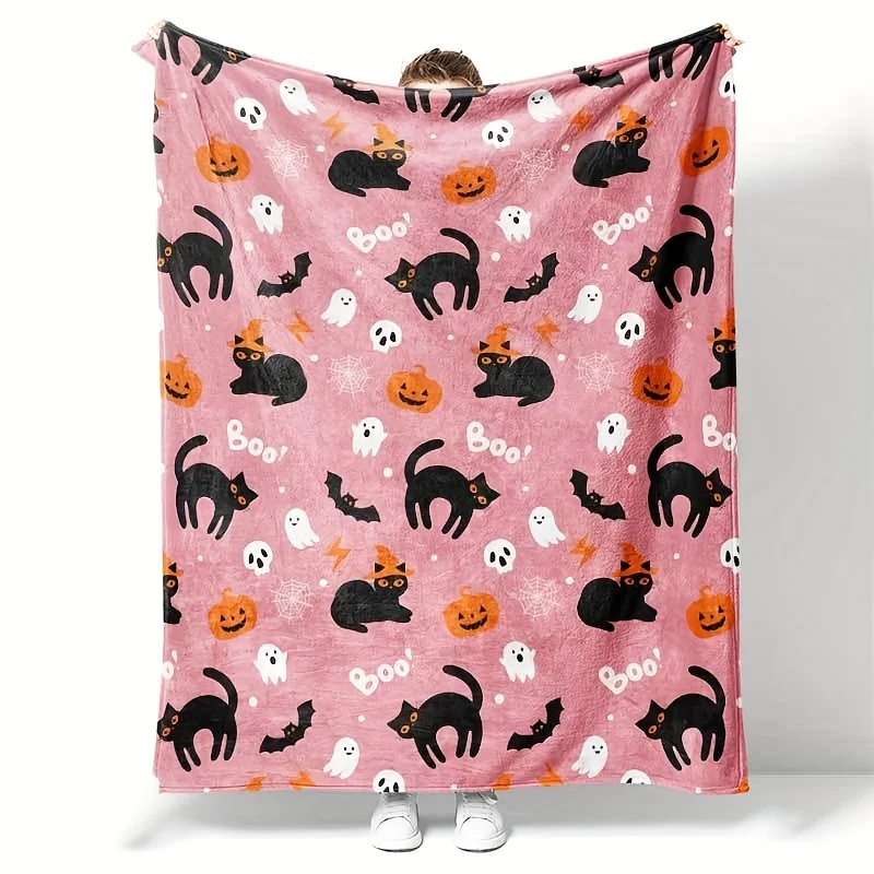 Cozy Halloween Kitten & Pumpkin Flannel Throw Blanket - Soft, Warm, Lightweight for Couch, Bed, Travel, Camping, Office Chair -