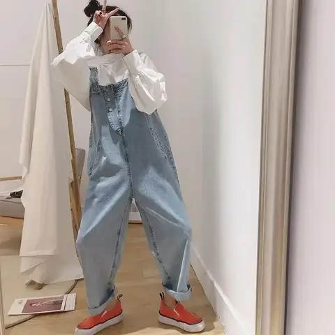 여성용 데님 점프수트, 느슨한 귀여운 점프수트, 캐주얼 패션, 소녀 맥시 블루 청바지, 오버올 S-2XL, 한국 스트리트웨어, 2025 신제품