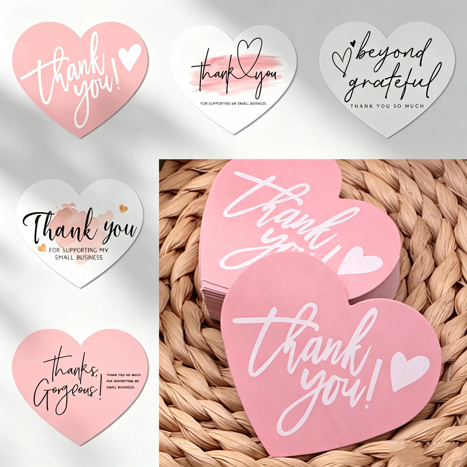 50Pcs/pack Heart Shaped Thank You Cards Pink White Greeting Note For Small Business Packaging Gift Handmade Shop Customer Thanks