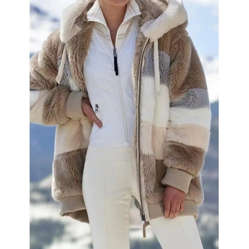 Women's Autumn Winter Warm Plush Jacket New Fashion Color Blocked Hooded Zipper Cardigan Coats Ladies Basic Versatile Outerwear