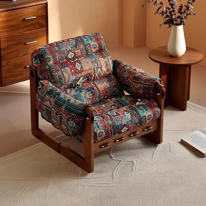 Ancient leather sofa chair in the living room Leisure lazy chair Solid wood retro reclining chair