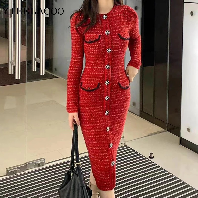 

Celebrity Long Dress French Autumn/Winter New Little Fragrance Style Dress with Red Knitted Dress Inside