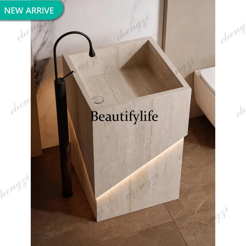 A4567 Customized hotel villa outdoor travertine rock slab column basin outdoor courtyard integrated floor-to-ceiling washbasin