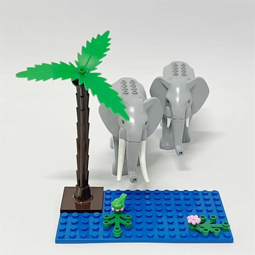 

Elephants Couple Building Blocks DIY Toys Male Female Elephants Playing By the Water Set Coconut Tree Frog Construction Toy