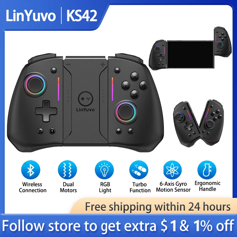 LinYuvo KS42 Wireless Gamepad for Nintendo Switch/Oled, Gaming Switch Controller Bluetooth Wake up 6-axis Joypad Metal Joystick