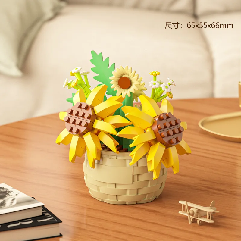 

Succulent Sunflower Basket Micro Flowers Bouquet Building Blocks Potted Plants Bonsai Model Micro Bricks Rose Toys For Kids Girl