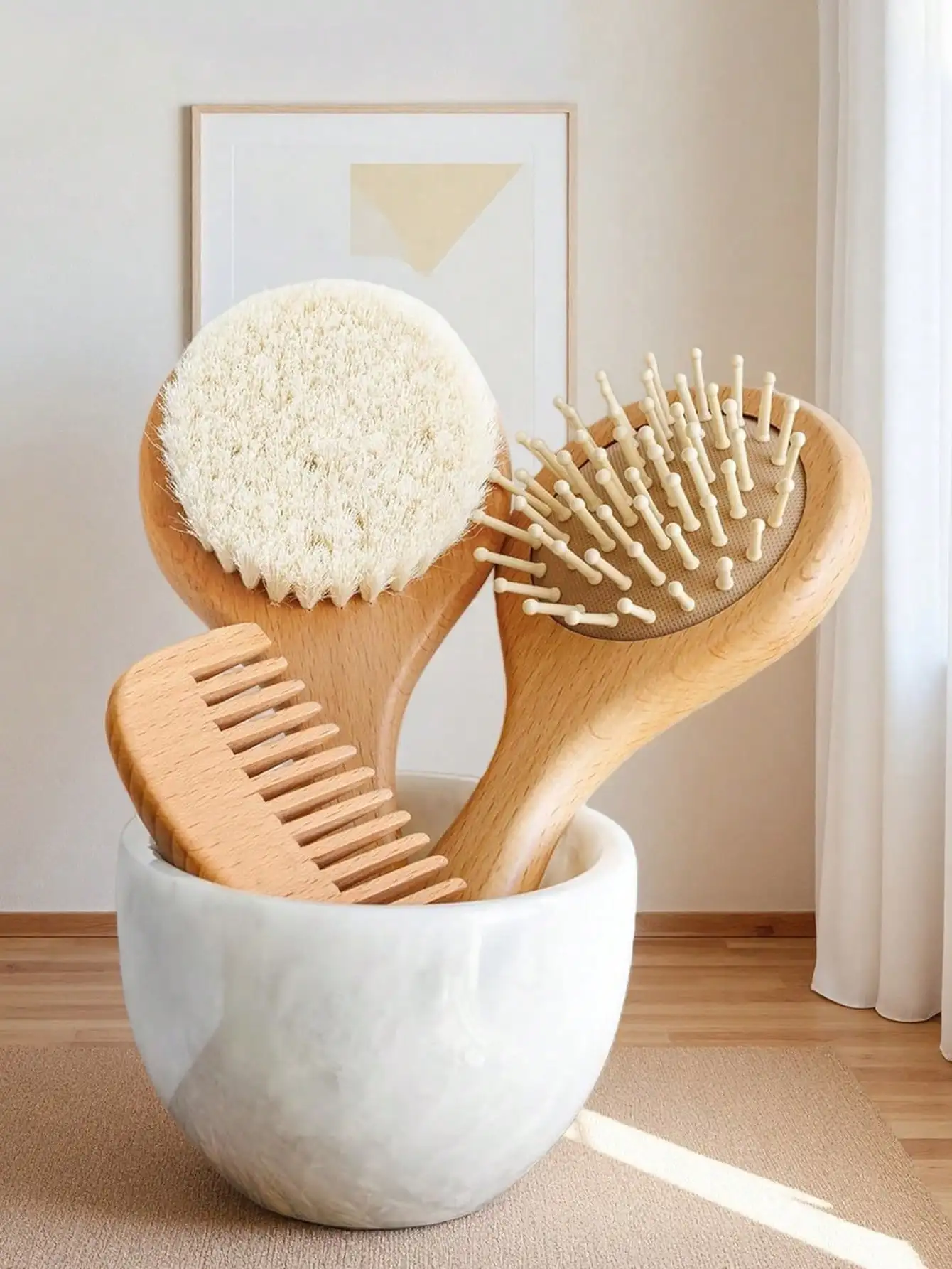 1 Pcs Wooden Handle Baby Round Hair Brush, Natural Soft Bristles, Suitable For Infant And Newborn