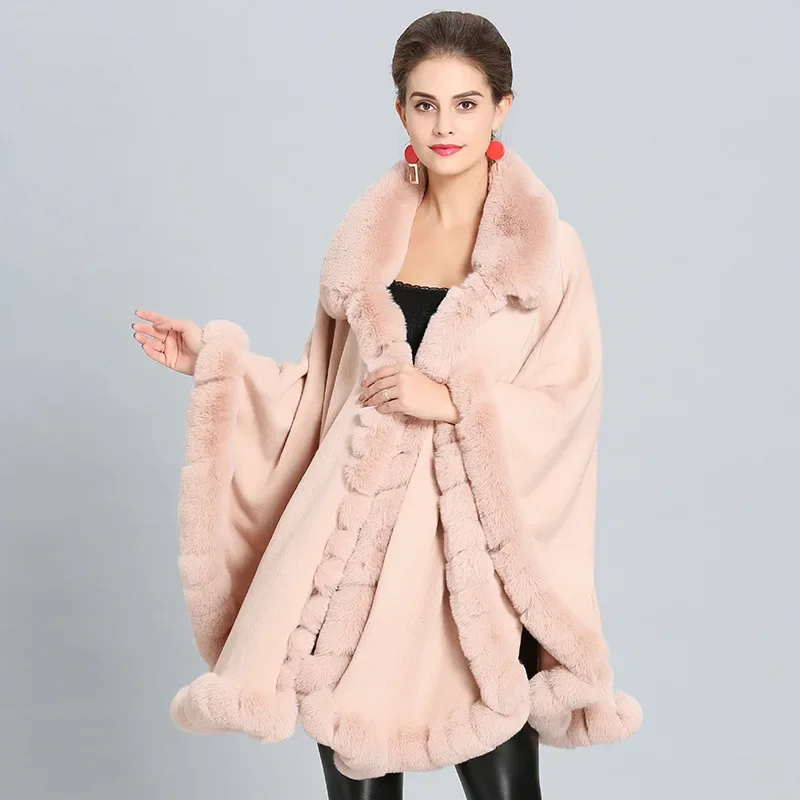 11 Colors Winter Cloak Cashmere Warm Thick Loose Coat Poncho Women Faux Fur Neck Cape Big Pendulum Dovetail Cardigan Streetwear