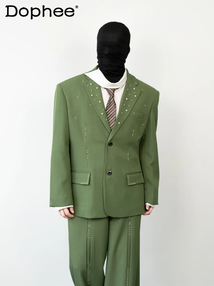 

2025 Spring New Blazers Original Design Long Sleeve Tailored Coats High-end Men's Suit Jackets Handmade Beaded Green Suit Jacket