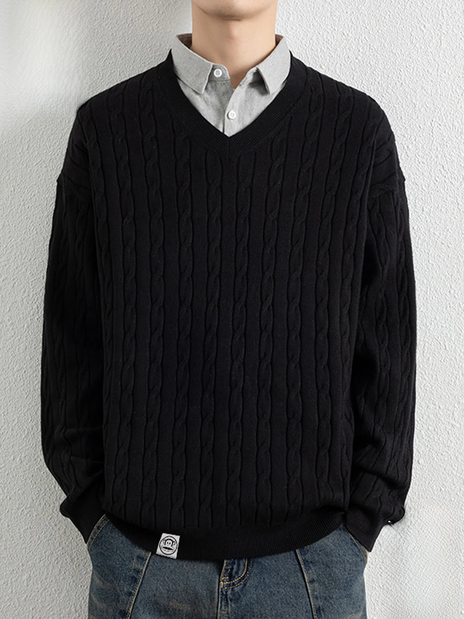 

Мужской повседневный вязаный свитер Paul Frank свободного кроя с воротником, теплый осенний топ, имитация двухслойности, комфортный, из смесового полиэстера