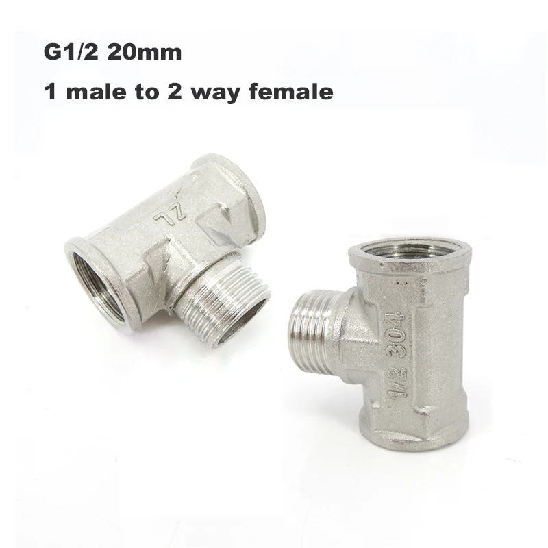 

G1/2 male to 2 way G1/2 20mm female splitter Thread Tee Type Stainless Steel Butt water hose connector Plumbing Fittings v