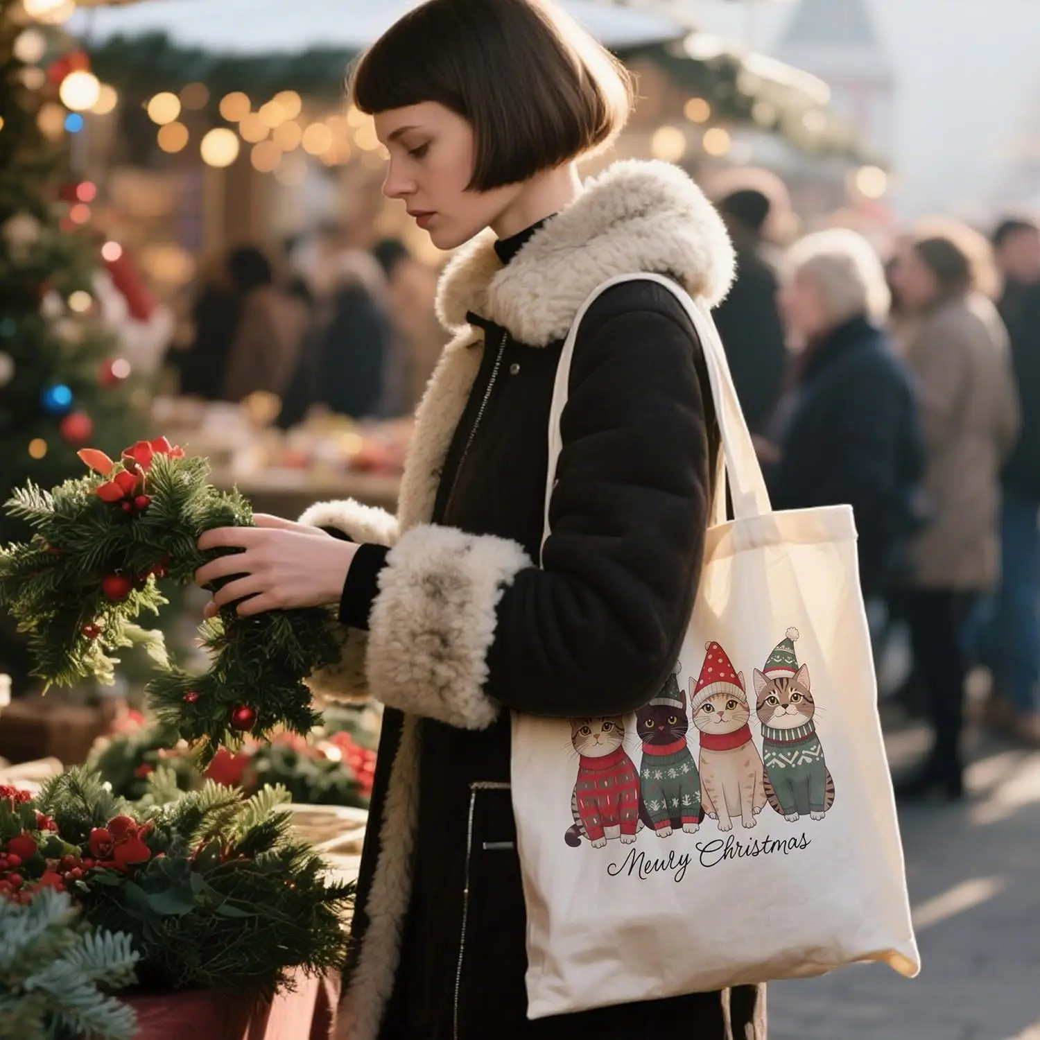 Cardinal Cats Cows Christmas Tote Bags for Woman Reusable Grocery Shopping Bags Comfortable To Carry Eco Bags
