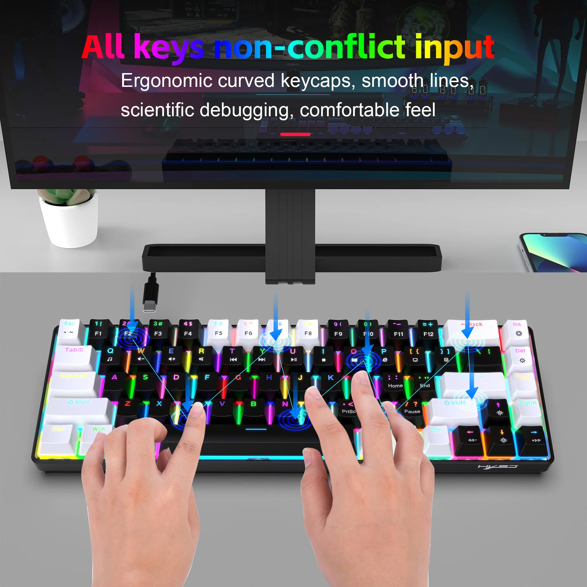 

68-клавишная игровая механическая клавиатура, 19 режимов, RGB-подсветка, светодиодная, с возможностью горячей замены, красный, синий переключатель, проводная игровая клавиатура для ноутбука