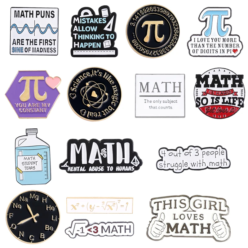 Creative Math Enamel Brooches Function Π Life Girls Love Math Formula Metal Badges Punk Costumes Lapel Pins Jewelry Accessories