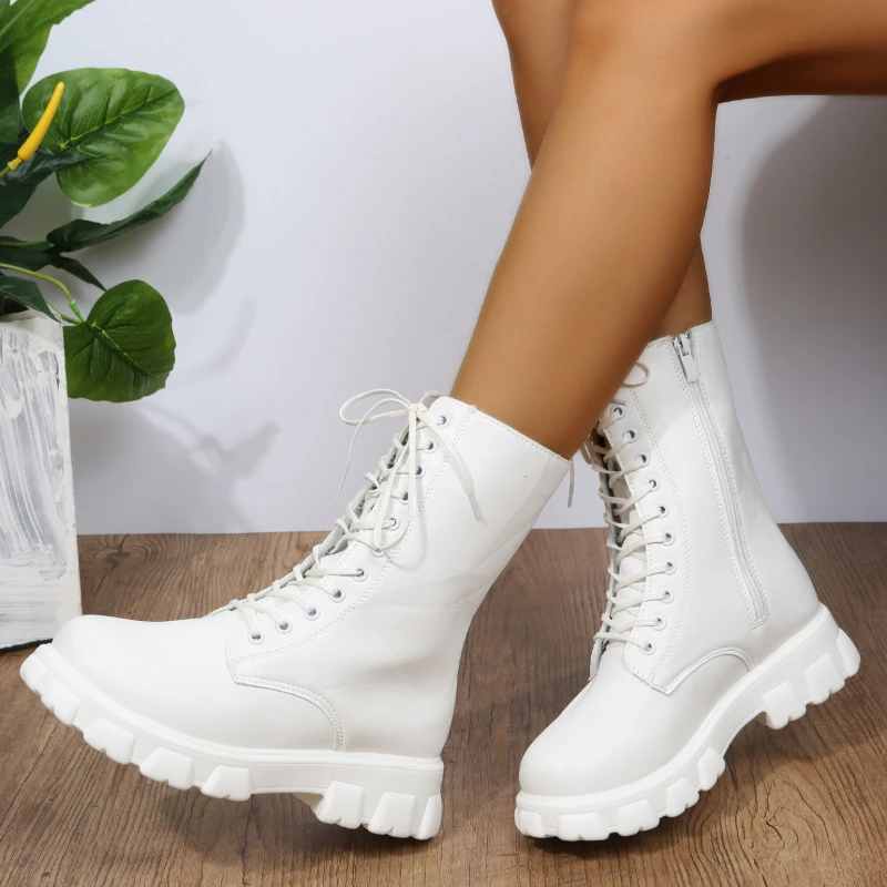 Boots Women 2022 Autumn Winter PU Leather White Ankle Boots Motorcycle Botines Female Chunky Heels Platform Boots Botas Mujer