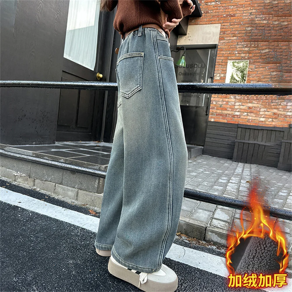 023 Korean Fashionable Bent Knife Jeans Winter Warm Thick Girls\' Jeans Children\'s Wide Leg Pants Kid Pants