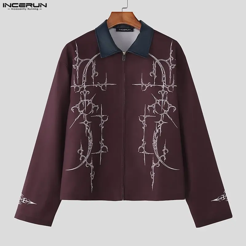 

2026 Мужская рубашка с принтом в стиле пэчворк, на молнии с лацканами и длинными рукавами, свободная мужская одежда, уличная одежда, модные повседневные топы, мужские рубашки INCERUN