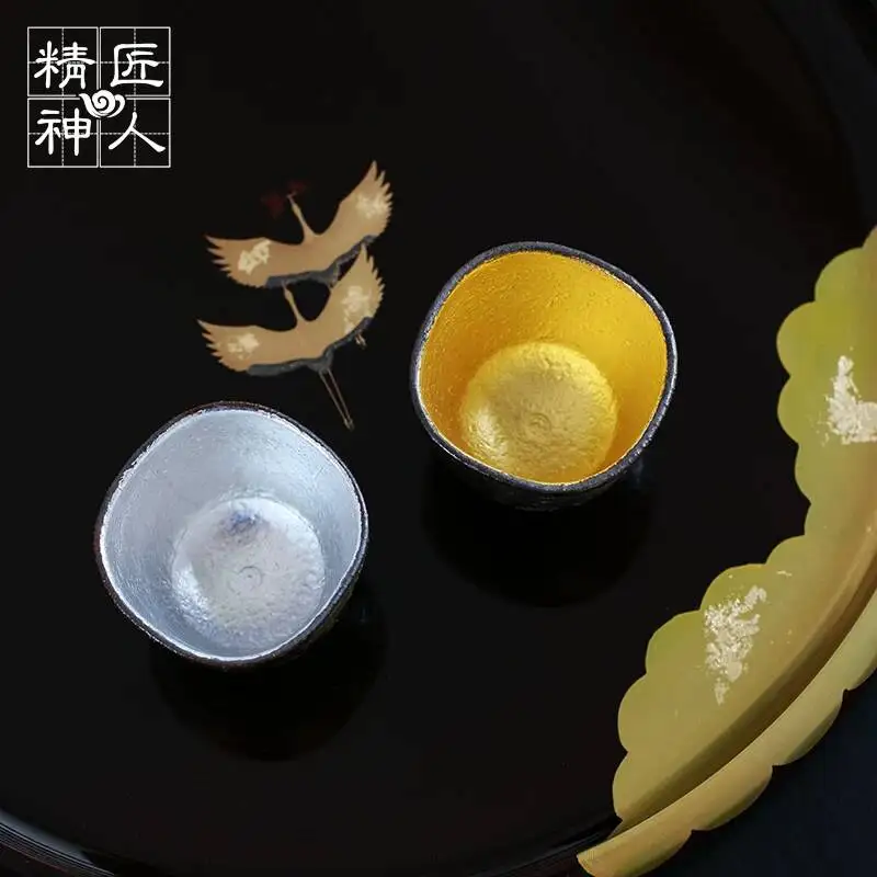 Japanese Imported Kiyomizu-Yaki [Akiyuki] Gold And Silver Foil Sake Tea Hand-Painted Ceramic Cup, Wooden Gift Box Set
