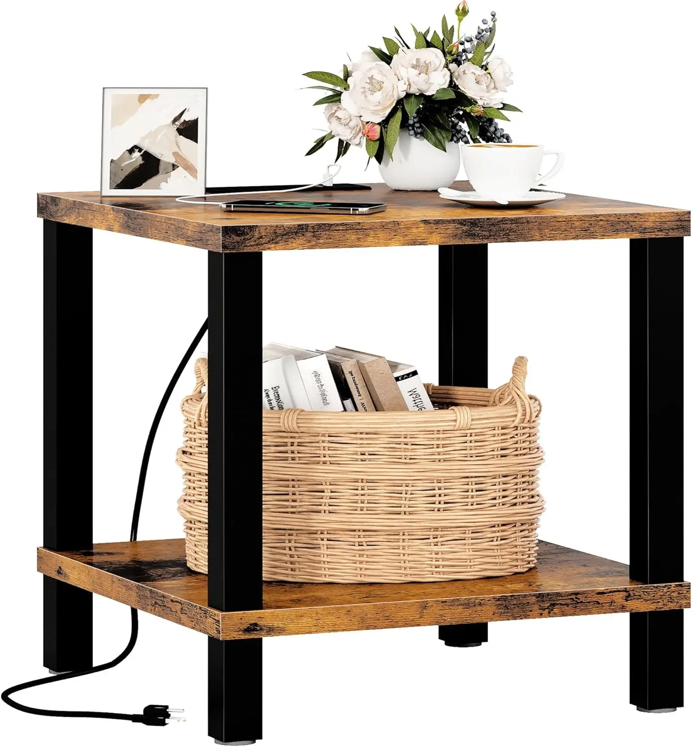 

End Table with Charging Station,20 Inch Square Side Table with USB Ports&Power Outlets, No Tools Required to Assemble,for Living