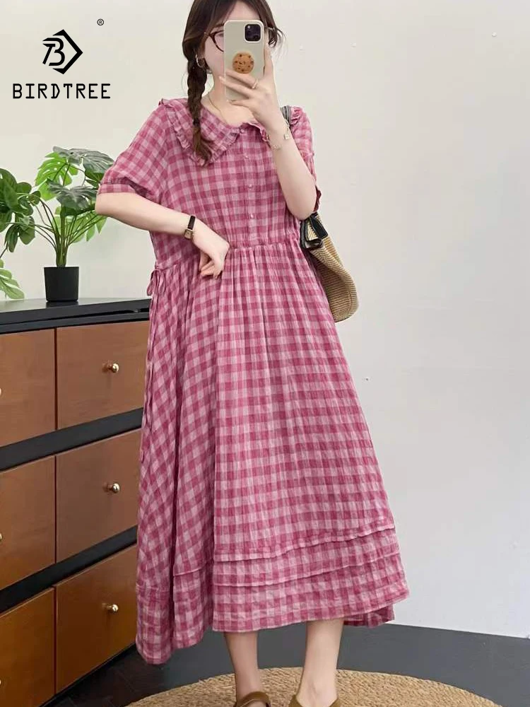 

New 2026 Summer Women Cotton Short Sleeve Dresses, Peter Pan Collar Plaid, Mori Girl Japan Style Loose A-line Dress D64060CC